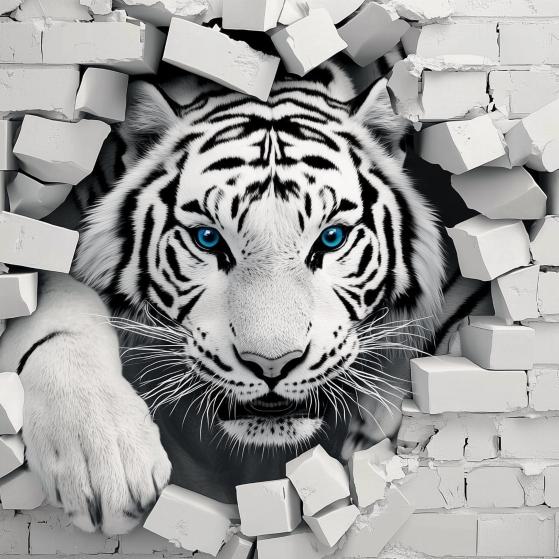 Papier peint tigre 3D sur mur de briques