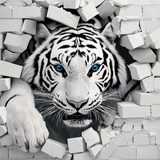 Papier peint tigre 3D sur mur de briques