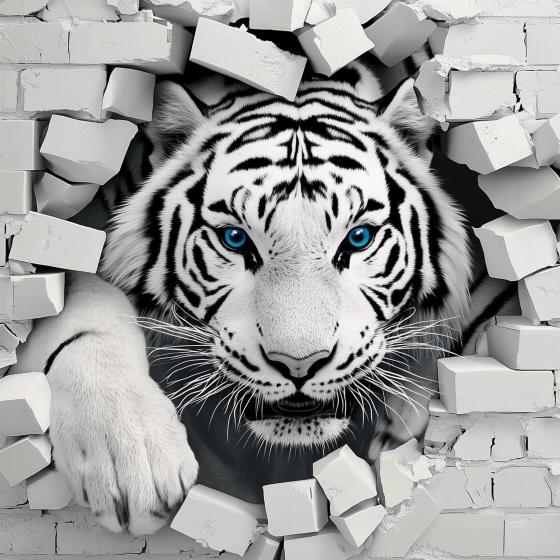 Papier peint tigre 3D sur mur de briques
