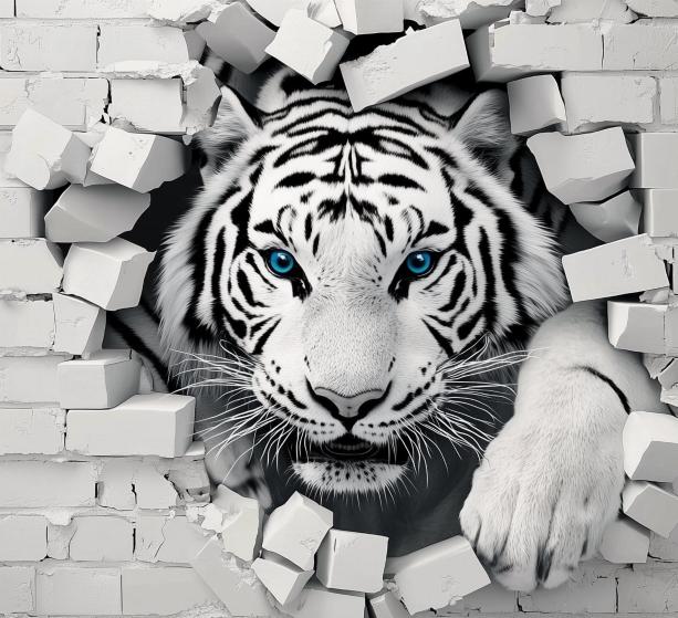 Papier peint tigre 3D sur mur de briques
