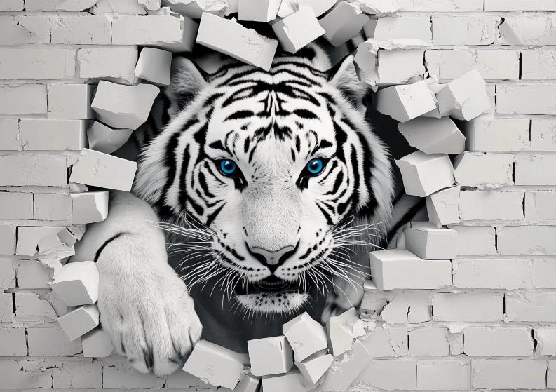 Papier peint tigre 3D sur mur de briques
