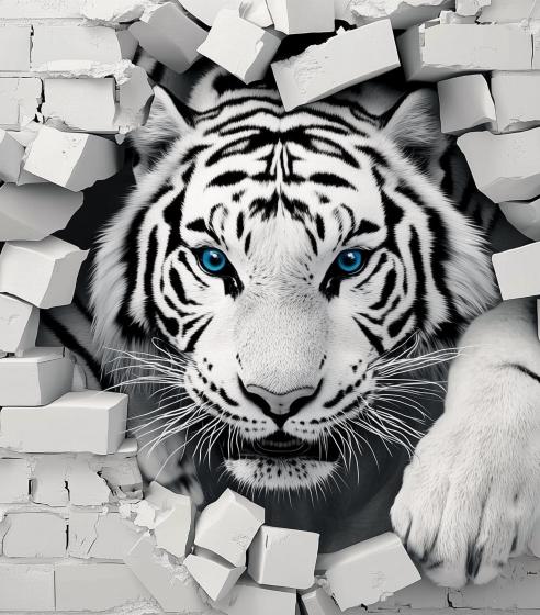 Papier peint tigre 3D sur mur de briques