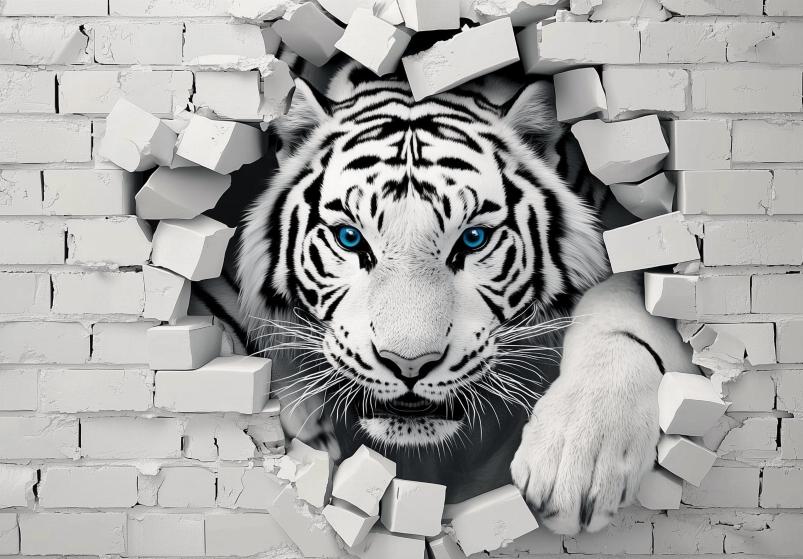 Papier peint tigre 3D sur mur de briques