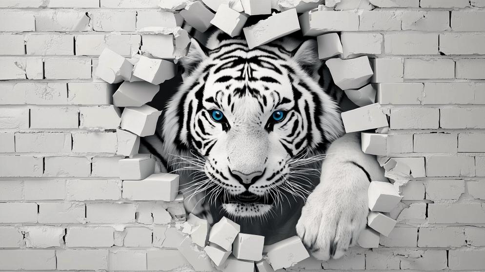 Papier peint tigre 3D sur mur de briques