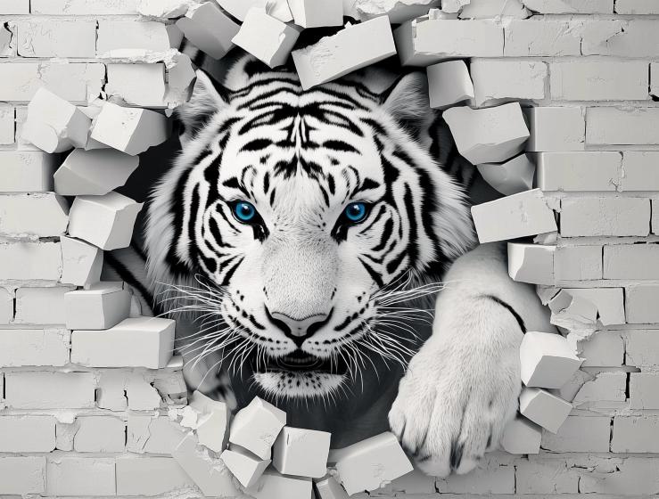 Papier peint tigre 3D sur mur de briques