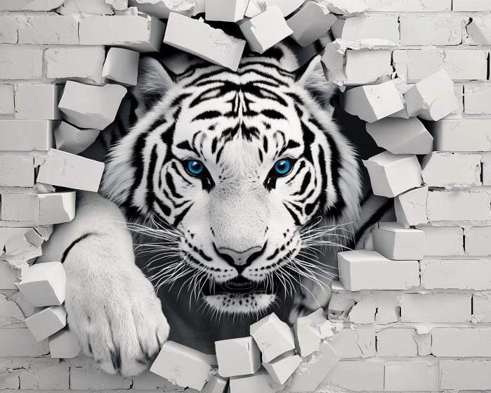 Papier peint tigre 3D sur mur de briques