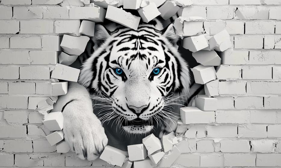 Papier peint tigre 3D sur mur de briques