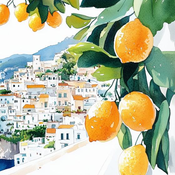 Papier peint méditerranéen citrons et village