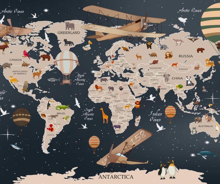 Papier peint carte du monde animaux bleu nuit