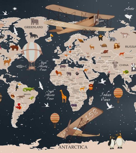 Papier peint carte du monde animaux bleu nuit