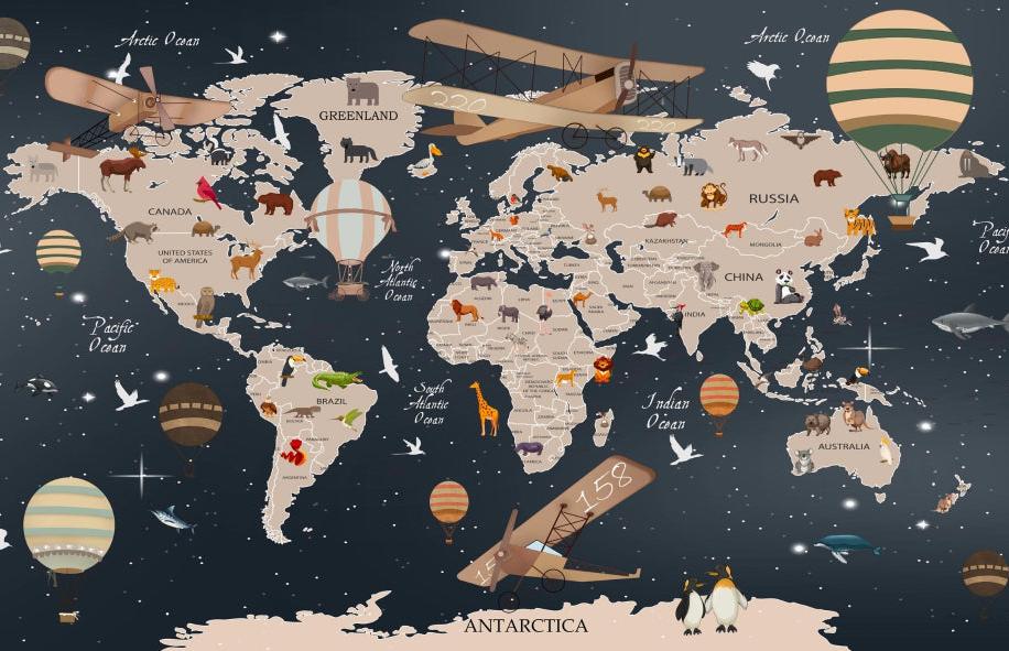 Papier peint carte du monde animaux bleu nuit