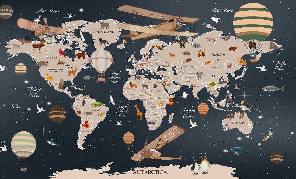 Papier peint carte du monde animaux bleu nuit