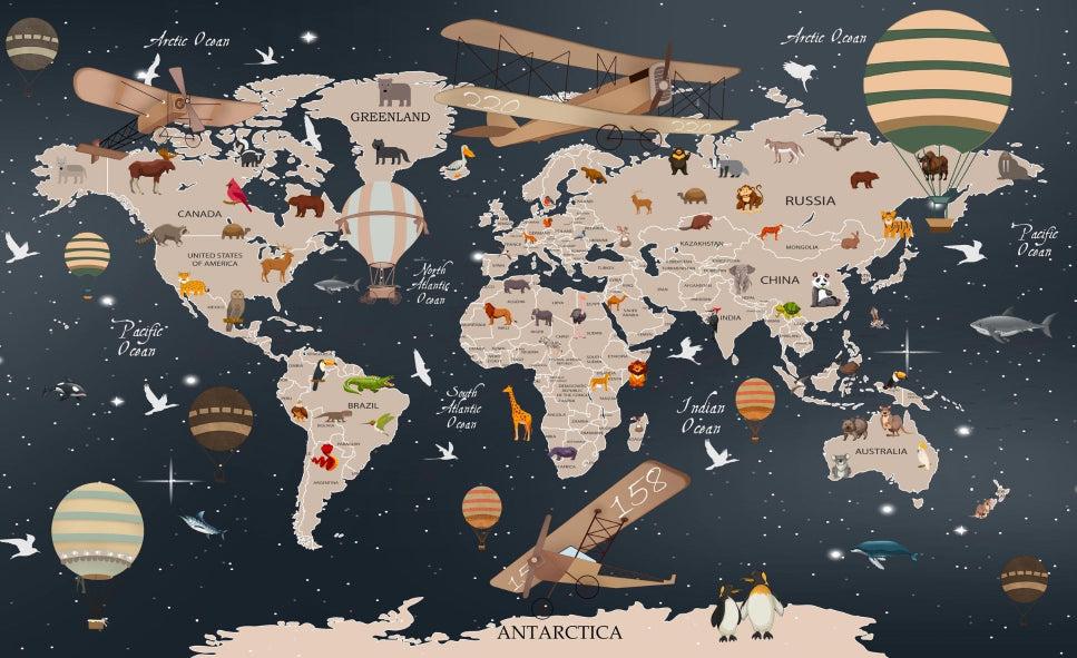 Papier peint carte du monde animaux bleu nuit