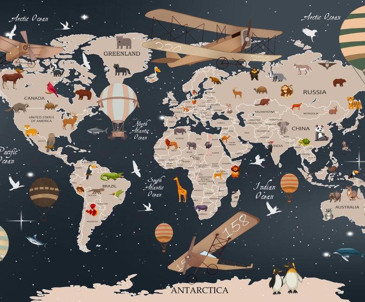 Papier peint carte du monde animaux bleu nuit