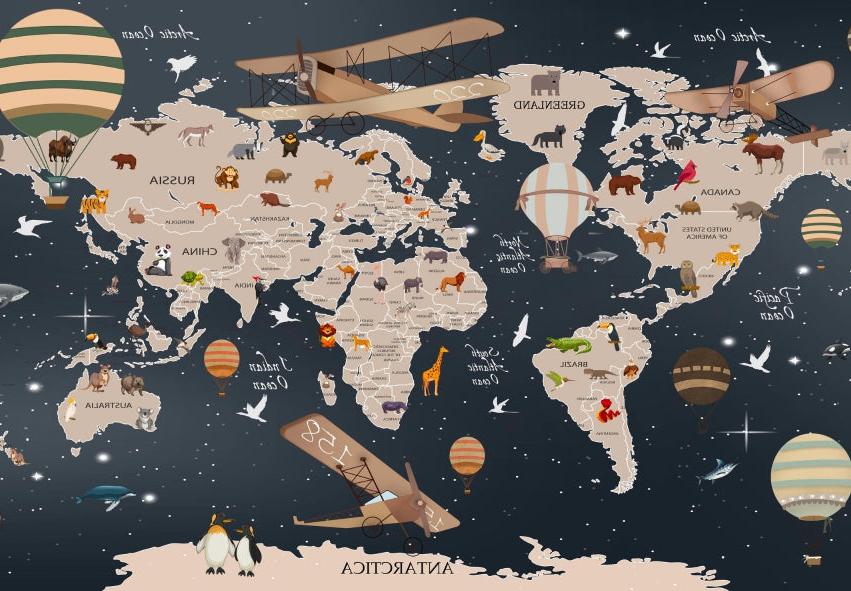 Papier peint carte du monde animaux bleu nuit