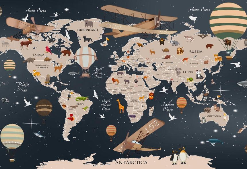 Papier peint carte du monde animaux bleu nuit