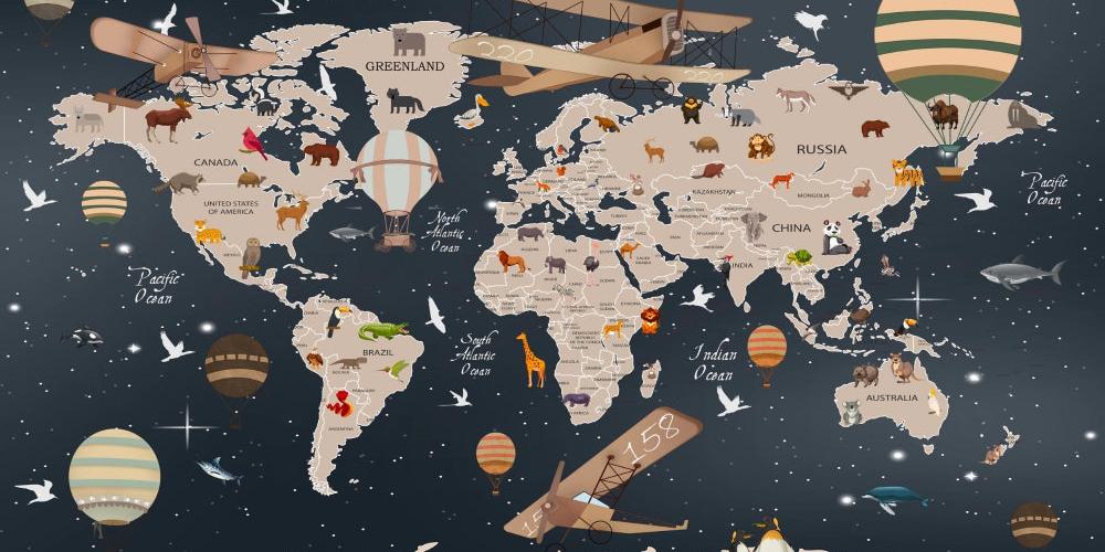 Papier peint carte du monde animaux bleu nuit