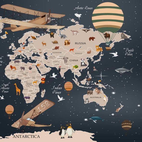 Papier peint carte du monde animaux bleu nuit