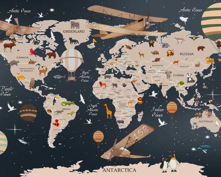 Papier peint carte du monde animaux bleu nuit