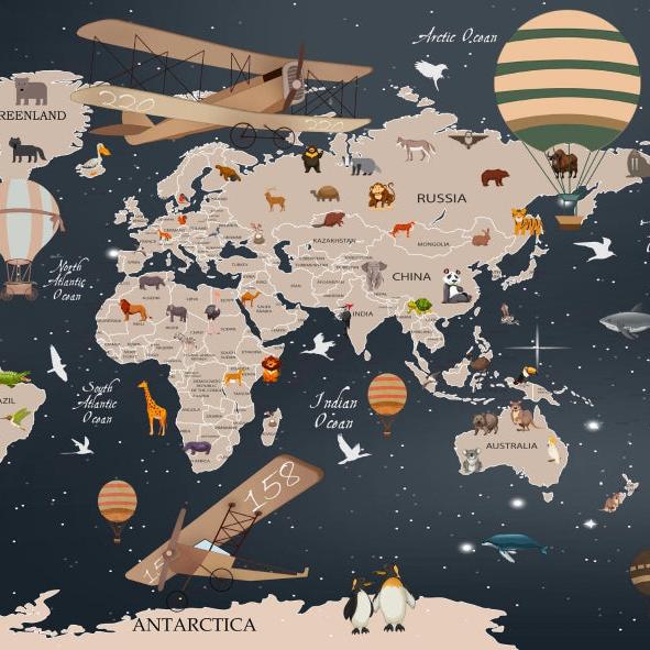 Papier peint carte du monde animaux bleu nuit
