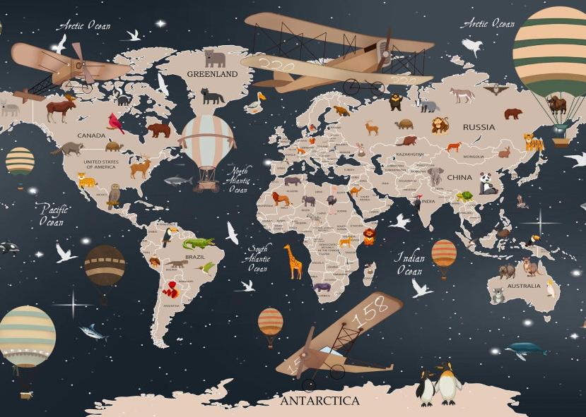 Papier peint carte du monde animaux bleu nuit