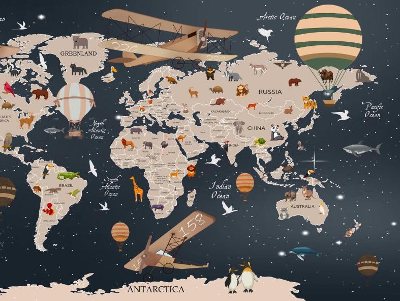 Papier peint carte du monde animaux bleu nuit