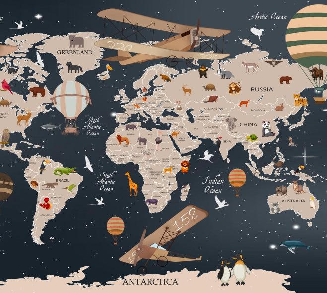 Papier peint carte du monde animaux bleu nuit