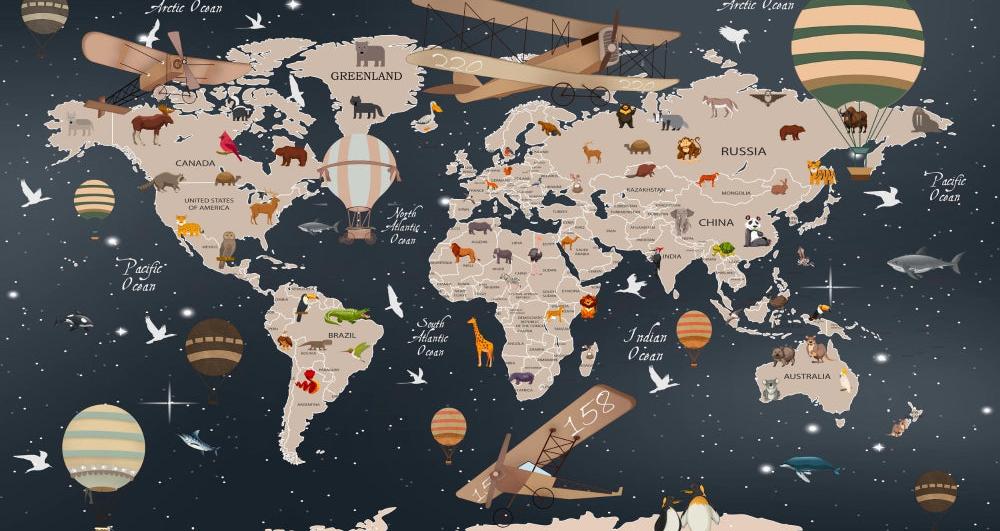 Papier peint carte du monde animaux bleu nuit