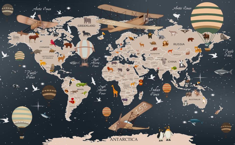 Papier peint carte du monde animaux bleu nuit