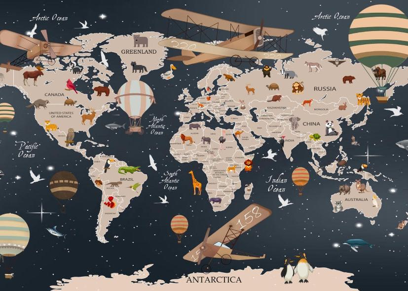 Papier peint carte du monde animaux bleu nuit