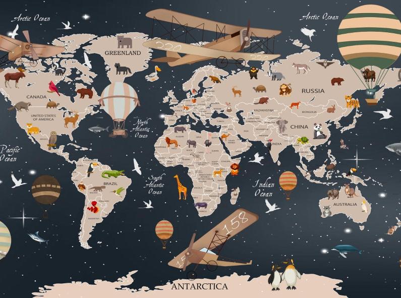 Papier peint carte du monde animaux bleu nuit