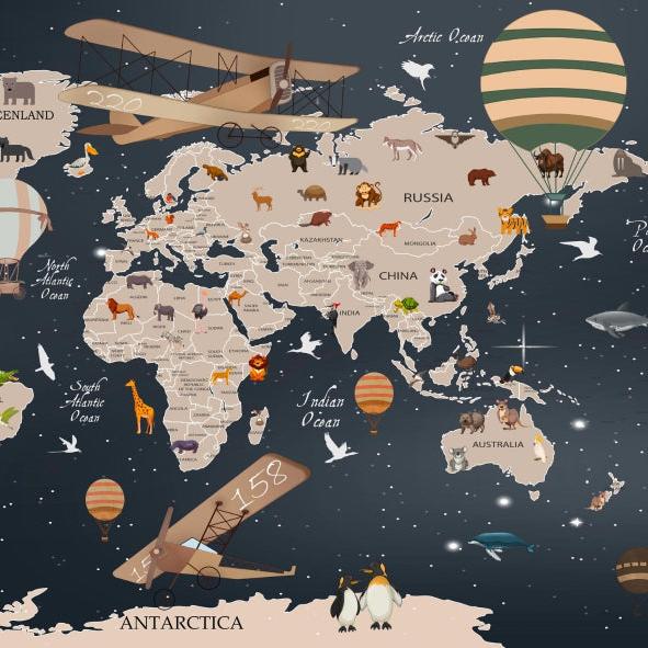 Papier peint carte du monde animaux bleu nuit