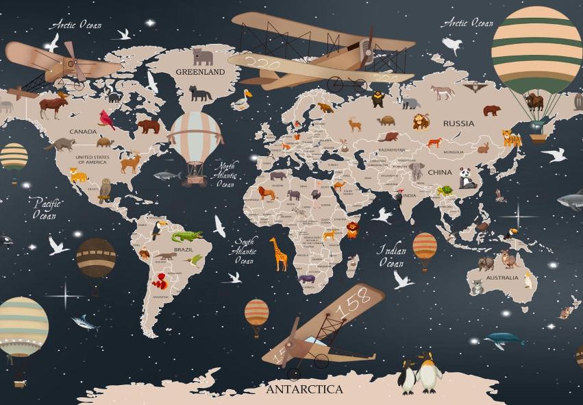 Papier peint carte du monde animaux bleu nuit