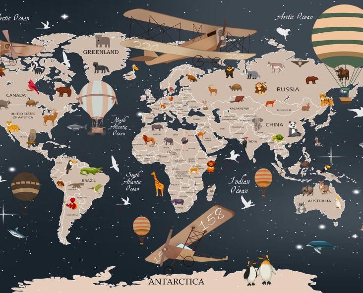 Papier peint carte du monde animaux bleu nuit