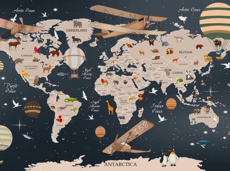 Papier peint carte du monde animaux bleu nuit