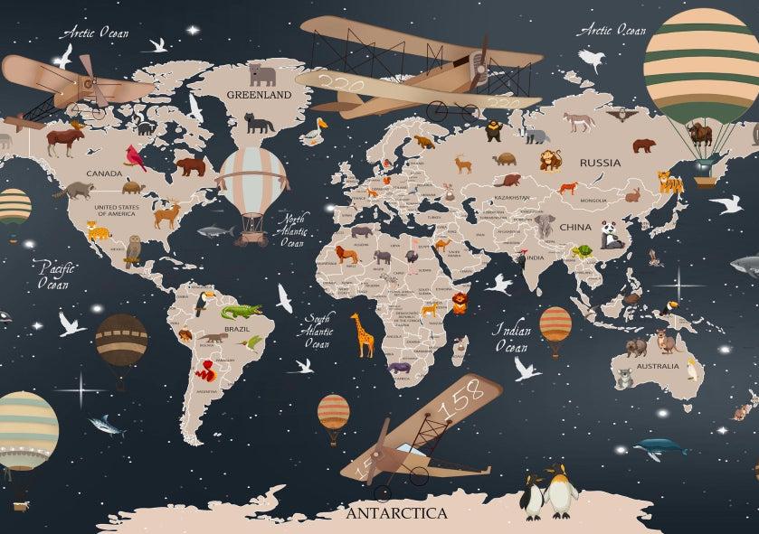 Papier peint carte du monde animaux bleu nuit