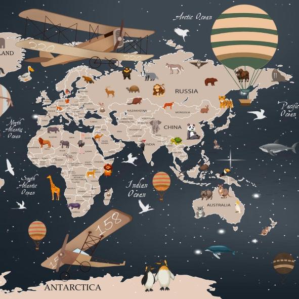Papier peint carte du monde animaux bleu nuit