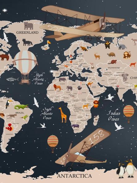 Papier peint carte du monde animaux bleu nuit