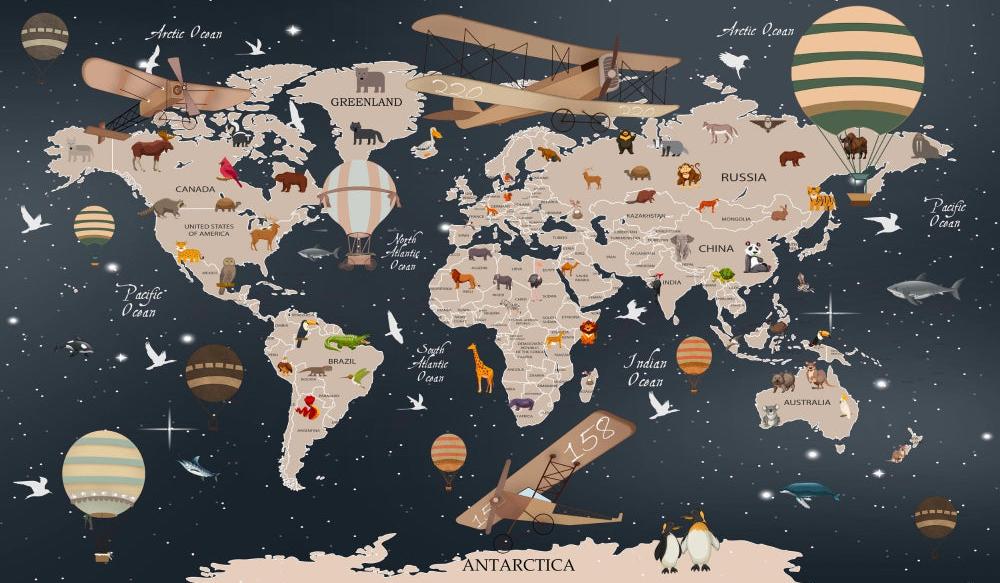 Papier peint carte du monde animaux bleu nuit