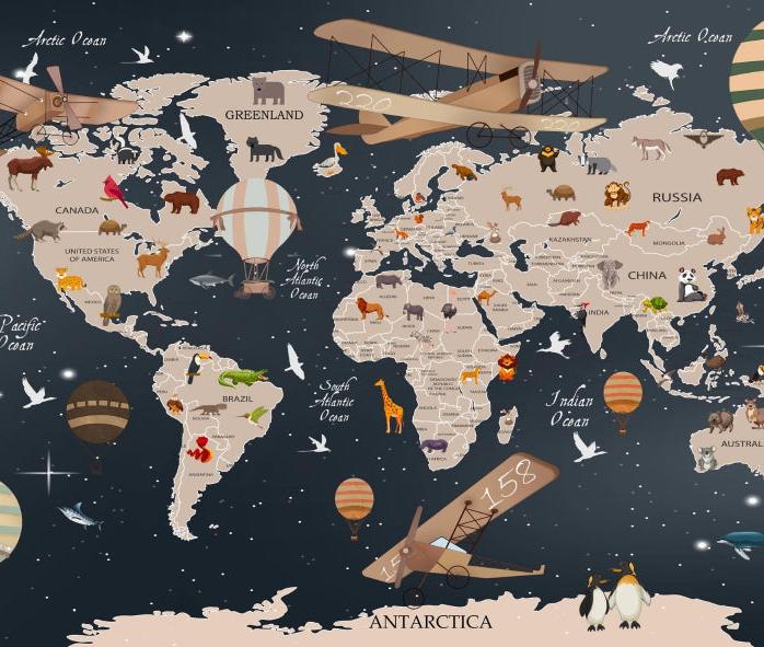 Papier peint carte du monde animaux bleu nuit