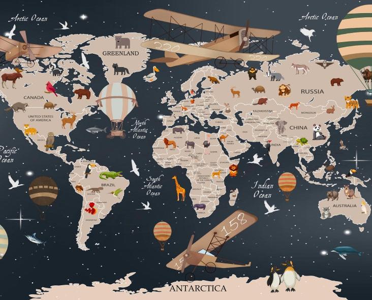 Papier peint carte du monde animaux bleu nuit