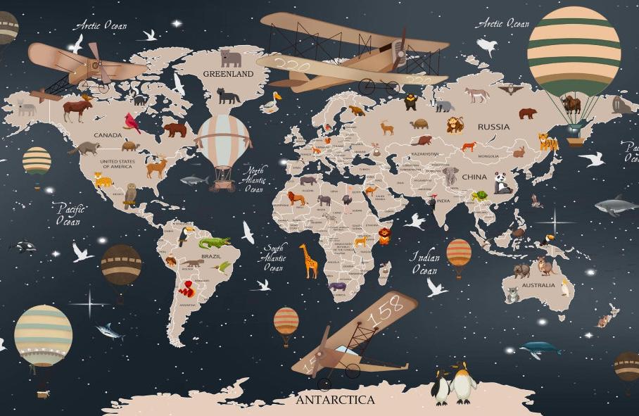 Papier peint carte du monde animaux bleu nuit