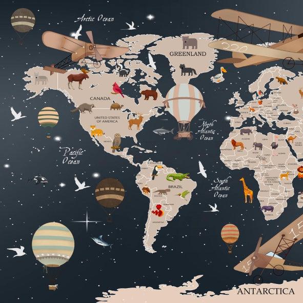 Papier peint carte du monde animaux bleu nuit