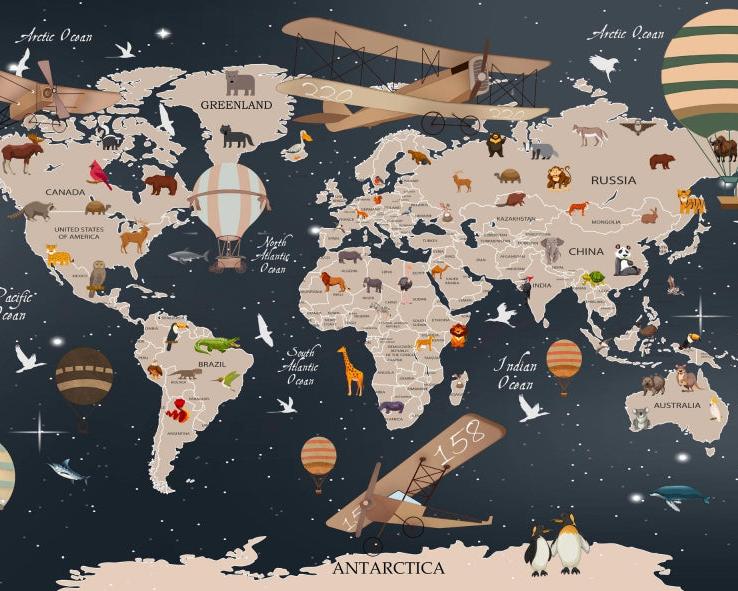 Papier peint carte du monde animaux bleu nuit