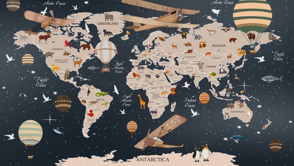 Papier peint carte du monde animaux bleu nuit