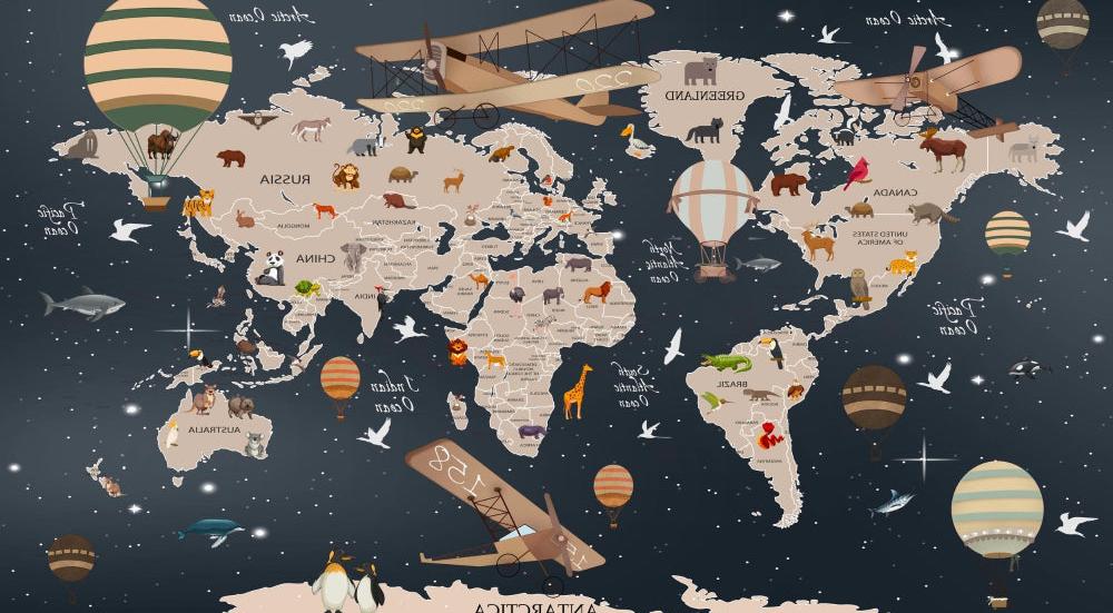 Papier peint carte du monde animaux bleu nuit