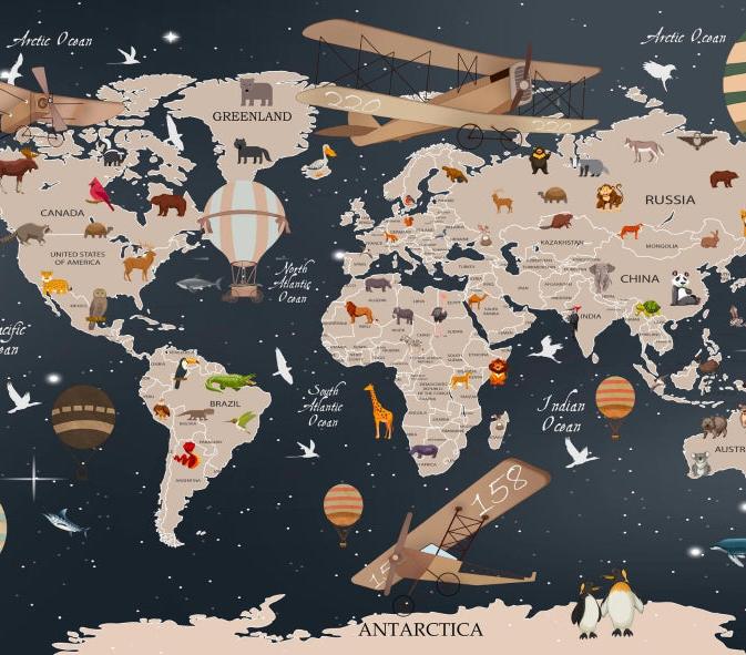 Papier peint carte du monde animaux bleu nuit