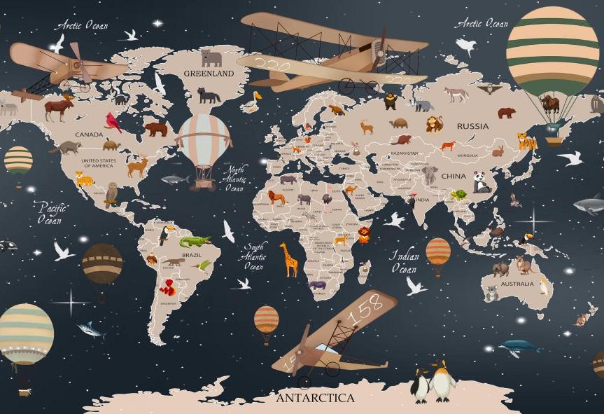 Papier peint carte du monde animaux bleu nuit
