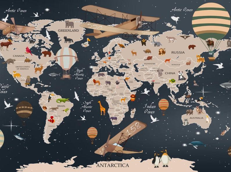 Papier peint carte du monde animaux bleu nuit
