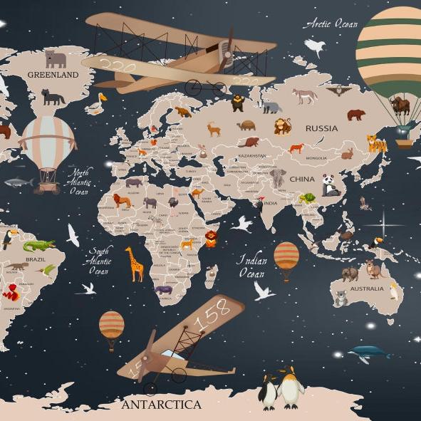 Papier peint carte du monde animaux bleu nuit
